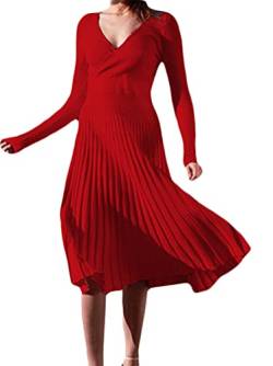 Minetom Damen Cocktail Festlich Hochzeit Party Kleid Langarm V-Ausschnitt Herbst Winter Pullover Strickkleid Sweatkleid Elegant Midi Plissee Abendkleid Z2 Rot 38 von Minetom