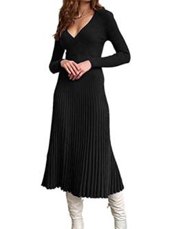 Minetom Damen Cocktail Festlich Hochzeit Party Kleid Langarm V-Ausschnitt Herbst Winter Pullover Strickkleid Sweatkleid Elegant Midi Plissee Abendkleid Z2 Schwarz 38 von Minetom