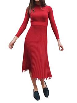 Minetom Damen Cocktail Festlich Hochzeit Party Kleid Langarm Winter Pullover Strickkleid Sweatkleid Elegant Midi Plissee Abendkleid (Rot, 38) von Minetom