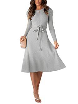 Minetom Damen Cocktail Festlich Hochzeit Party Kleid Langarm Winter Pullover Strickkleid Sweatkleid Elegant Midi Plissee Abendkleid mit Gürtel Z1 Grau 38 von Minetom