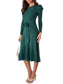 Minetom Damen Cocktail Festlich Hochzeit Party Kleid Langarm Winter Pullover Strickkleid Sweatkleid Elegant Midi Plissee Abendkleid mit Gürtel Z1 Grün 36 von Minetom