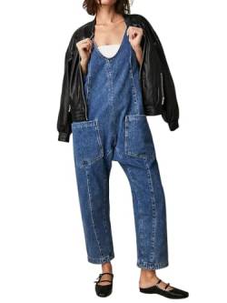 Minetom Damen Denim Latzhose Straight Leg Jeans V-Ausschnitt Overalls Mit Taschen Boyfriend Jean Teenager Jumpsuits Sommeroverall Jeanshose A Blau S von Minetom