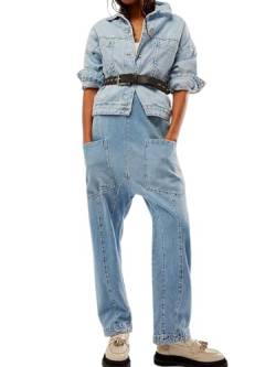 Minetom Damen Denim Latzhose Straight Leg Jeans V-Ausschnitt Overalls Mit Taschen Boyfriend Jean Teenager Jumpsuits Sommeroverall Jeanshose A Hellblau XS von Minetom