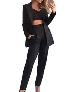 Minetom Damen Dreiteiliger Anzug Set Revers Business Büro Formal Blazer Langarm Anzugjacke Hosenanzug Slim Fit Jacke Hose Crop Top 3 Stück Schwarz L von Minetom