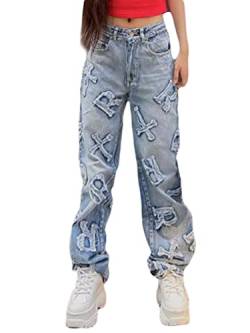 Minetom Damen Drucken Jeans High Waist Stretch Cutoffs Distressed Straight Leg Denim Jeans Hose 70Er Vintage E-Girl Style Y2K Schlagjeans Hose H Blau XS von Minetom