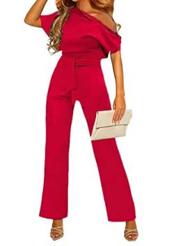 Minetom Damen Eine Schulter Elegant Lang Jumpsuit Overall Hosenanzug Einfarbig Party Hochzeit Festlich Playsuit Romper mit Gürtel Taschen B Rot M von Minetom