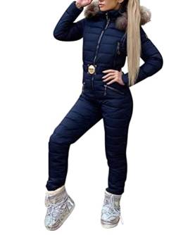 Minetom Damen Einteiliger Skioverall Winter Warm Schnee Skifahren Sätze Outdoor Jumpsuit Langer Overall mit Kapuze Reißverschluss Skianzüge Wasserdicht Winddicht Schneeanzug C Blau L von Minetom