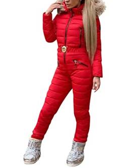 Minetom Damen Einteiliger Skioverall Winter Warm Schnee Skifahren Sätze Outdoor Jumpsuit Langer Overall mit Kapuze Reißverschluss Skianzüge Wasserdicht Winddicht Schneeanzug C Rot M von Minetom