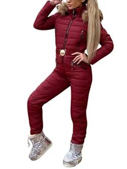 Minetom Damen Einteiliger Skioverall Winter Warm Schnee Skifahren Sätze Outdoor Jumpsuit Langer Overall mit Kapuze Reißverschluss Skianzüge Wasserdicht Winddicht Schneeanzug C Weinrot XS von Minetom