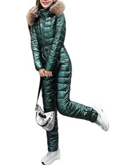 Minetom Damen Einteiliger Skioverall Winter Warm Schnee Skifahren Sätze Outdoor Jumpsuit Langer Overall mit Kapuze Reißverschluss Skianzüge Wasserdicht Winddicht Schneeanzug D Grün XL von Minetom