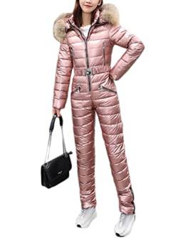 Minetom Damen Einteiliger Skioverall Winter Warm Schnee Skifahren Sätze Outdoor Jumpsuit Langer Overall mit Kapuze Reißverschluss Skianzüge Wasserdicht Winddicht Schneeanzug D Rosa XS von Minetom