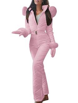 Minetom Damen Einteiliger Skioverall Winter Warme Schnee Skifahren Sätze Outdoor Jumpsuit Langer Overall mit Kapuze Reißverschluss Skianzüge wasserdicht Schneeanzug (Rosa, 38) von Minetom