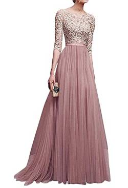 Minetom Damen Elegant A-Linie Ärmellos Oder Kurzarm Brautjungfern Kleid Floral Spitzen Abendkleid Prinzessin Tüllkleid Ballkleid Cocktail Party Hochzeit Maxikleid Lang rosa DE 42 von Minetom