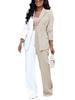 Minetom Damen Elegant Business Anzug Set Hosenanzug Farbblock Büro Blazer Jacke Hose 2-teilig Anzug Zweiteiler A Beige XS von Minetom