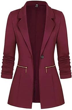 Minetom Damen Elegant Langarm Blazer Sakko Knopf Slim Fit Revers Geschäft Büro Jacke Reißverschluss Mantel Anzüge Bolero Weinrot S von Minetom