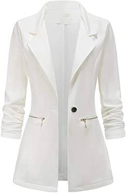 Minetom Damen Elegant Langarm Blazer Sakko Knopf Slim Fit Revers Geschäft Büro Jacke Reißverschluss Mantel Anzüge Bolero Weiß L von Minetom