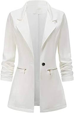 Minetom Damen Elegant Langarm Blazer Sakko Knopf Slim Fit Revers Geschäft Büro Jacke Reißverschluss Mantel Weiß XS von Minetom