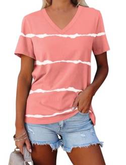 Minetom Damen Farbblock/Solid Tops Kurzarm V-Ausschnitt T-Shirts Sommer Casual Tees, C Pink, Medium von Minetom