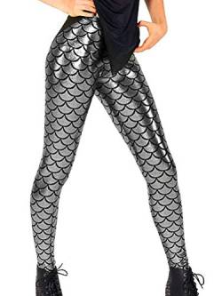 Minetom Damen Fischschuppe Glanz Leggings Fisch Schuppen Scale Glänzend Strumpfhose Hüfthose Hose Karneval Kostüm Mädchen Elastisch Skinny Pants Silber S von Minetom