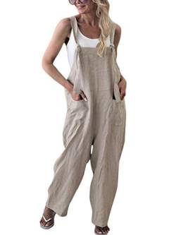 Minetom Damen Frauen Latzhose Beiläufige Lose Lange Jumpsuit Mit Tasche Retro Leinen Strampler Overall Rompers Baggy Hosen Aprikose DE 38 von Minetom