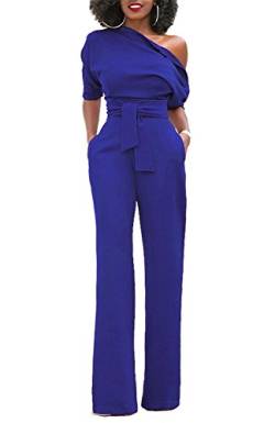 Minetom Damen Frauen Sexy One-Shoulder Feste Overalls Breites Bein Lange Strampler Hose mit Gürtel Elegant Hohe Taille Jumpsuit Rompers Marine DE 46 von Minetom