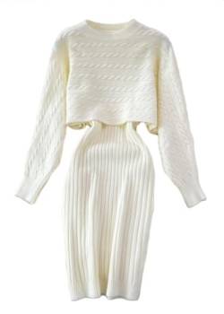 Minetom Damen Gestrickt Kleid Set Oberteil Pullover Pulli und Kleid Bodycon 2 Teiliges Sweater Langarm Strickkleid Pullikleid Midikleid B Beige XS von Minetom