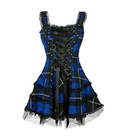 Minetom Damen Gothic Kleid Kariertes Schnüren Minikleid Strap Kleid Street Punk Cosplay Kleid Steampunk Vintage Rockabilly Kleid Blau XXL von Minetom