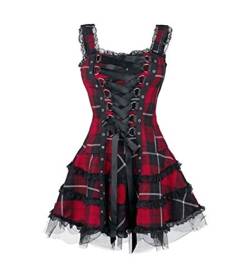 Minetom Damen Gothic Kleid Kariertes Schnüren Minikleid Strap Kleid Street Punk Cosplay Kleid Steampunk Vintage Rockabilly Kleid Rot XS von Minetom