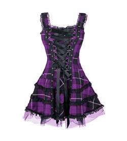 Minetom Damen Gothic Kleid Kariertes Schnüren Minikleid Strap Kleid Street Punk Cosplay Kleid Steampunk Vintage Rockabilly Kleid Violett 4XL von Minetom