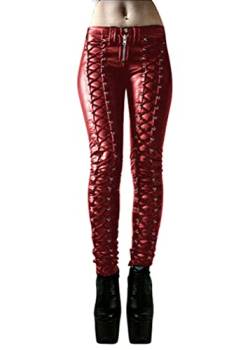 Minetom Damen Gotisch Kunstleder Leggings High Waist Skinny Hose Strumpfhosen Treggings Kreuzgurt Leggings PU Leder Look C Rot 3XL von Minetom