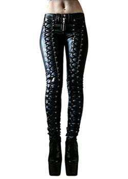 Minetom Damen Gotisch Kunstleder Leggings High Waist Skinny Hose Strumpfhosen Treggings Kreuzgurt Leggings PU Leder Look C Schwarz L von Minetom