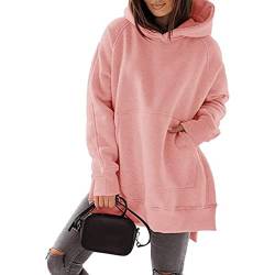 Minetom Damen Hoodie Kleid Pullover Langarm Sweatshirts Kapuzenpullover Lange Tops Casual Täglich Herbst Mini Pulli Kleider Sweatjacke Jumper Oversize Oberteil mit Taschen X Rosa XXL z von Minetom