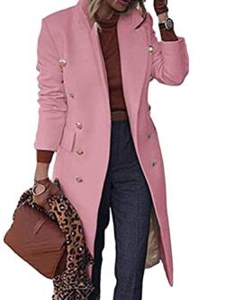 Minetom Damen Jacke Zweireihige Mittellange Mantel Elegant Langer Blazer Langarm Slim Fit Einfarbig Trenchcoat A Rosa 3XL von Minetom