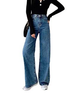 Minetom Damen Jeans Boyfriend High Waist Jeanshose Locker Lang Jeans Hose Straight Lässig Denim Pants D Dunkelblau Large von Minetom