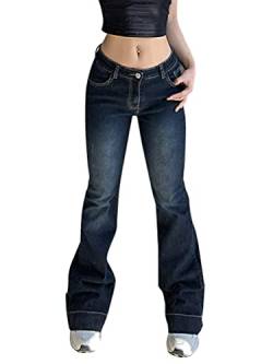 Minetom Damen Jeans Hose Lose Breite Beine Jeanshosen Y2K Style Vintage Gerade Jeanshose Hohe Taille Freizeithose Teenager Mädchen Streetwear Hose F Dunkelblau M von Minetom