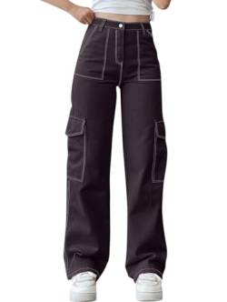 Minetom Damen Jeans Straight Baggy Cargohose Breites Bein Boyfriend Hose Locker Freizeithose Sommer Jeanshose Streetwear Cargo Pants Casual Trousers mit Taschen A Schwarz 2 S von Minetom