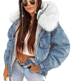 Minetom Damen Jeansjacke Fleece Gefüttert Künstliches Fellkapuze Denim Winterjacke Übergangsjacke Jeans Mantel Kapuzenjacke Outwear E Blau S von Minetom