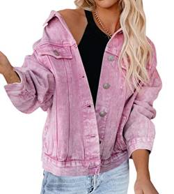 Minetom Damen Jeansjacke Übergangsjacke Bestickt Muster Leichte Jacke Denim Casual Mädchen Gewaschene Jeans Denim Jacket Oberbekleidung L Rosa 42 von Minetom