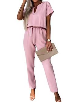 Minetom Damen Jumpsuit Elegant V-Ausschnitt Kurzarm Overall Hosenanzug Party Hochzeit Festlich Playsuit Romper mit Gürtel Taschen A Rosa M von Minetom