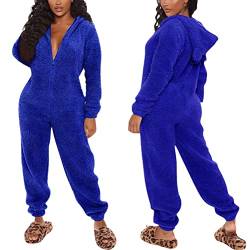 Minetom Damen Jumpsuit Fleece Schlafanzug Einteiler Winter Warm Kuschelig Onesie Lang Schlafoverall Pyjama Arsch Ausschnitt Flauschig Hausanzug Mit Kapuze & Reißverschluss A Blau L von Minetom