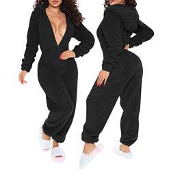 Minetom Damen Jumpsuit Fleece Schlafanzug Einteiler Winter Warm Kuschelig Onesie Lang Schlafoverall Pyjama Arsch Ausschnitt Flauschig Hausanzug Mit Kapuze & Reißverschluss A Schwarz M von Minetom