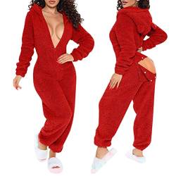 Minetom Damen Jumpsuit Fleece Schlafanzug Einteiler Winter Warm Kuschelig Onesie Lang Schlafoverall Pyjama Arsch Ausschnitt Flauschig Hausanzug Mit Kapuze & Reißverschluss B Rot XS von Minetom