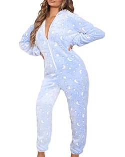 Minetom Damen Jumpsuit Kuschelig Einteiler Schlafanzug Drucken Pyjama Mit Kapuze Overall Weihnachten Schlafanzug Lang Weihnachtspyjama Hausanzug Freizeitanzug A Hellblau L von Minetom