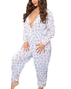 Minetom Damen Jumpsuit Kuschelig Einteiler Schlafanzug Drucken Pyjama Mit Kapuze Overall Weihnachten Schlafanzug Lang Weihnachtspyjama Hausanzug Freizeitanzug A Herzförmig XL von Minetom