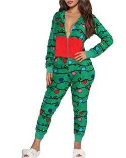 Minetom Damen Jumpsuit Kuschelig Einteiler Schlafanzug Drucken Pyjama Mit Kapuze Overall Weihnachten Schlafanzug Lang Weihnachtspyjama Hausanzug Freizeitanzug B Grün 2 M von Minetom