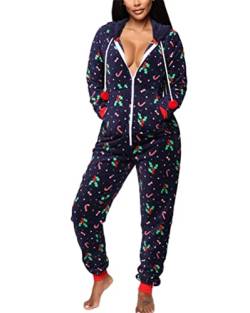 Minetom Damen Jumpsuit Kuschelig Einteiler Schlafanzug Drucken Pyjama Mit Kapuze Overall Weihnachten Schlafanzug Lang Weihnachtspyjama Hausanzug Freizeitanzug B Marine L von Minetom