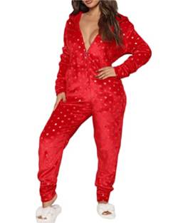 Minetom Damen Jumpsuit Kuschelig Einteiler Schlafanzug Drucken Pyjama Mit Kapuze Overall Weihnachten Schlafanzug Lang Weihnachtspyjama Hausanzug Freizeitanzug B Rot 1 XL von Minetom