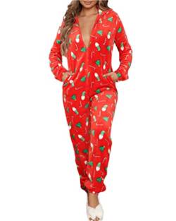 Minetom Damen Jumpsuit Kuschelig Einteiler Schlafanzug Drucken Pyjama Mit Kapuze Overall Weihnachten Schlafanzug Lang Weihnachtspyjama Hausanzug Freizeitanzug B Rot 2 S von Minetom