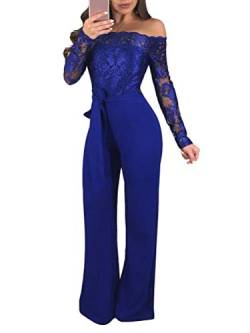 Minetom Damen Jumpsuit Schulterfrei Bogen-Bügel Gürtel Spitze Overalls Elegant Langarm Strampler Hohe Taille Lange Hosen Festlich Hochzeit Playsuit Blau DE 38 von Minetom