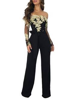 Minetom Damen Jumpsuit Schulterfrei Bogen-Bügel Gürtel Spitze Overalls Elegant Langarm Strampler Hohe Taille Lange Hosen Festlich Hochzeit Playsuit Gold Schwarz DE 40 von Minetom